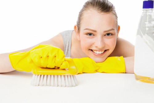 Professional cleaner preparing a flat for move in cleaning in N4
