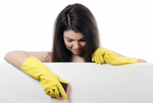 Move-out cleaning team working in a bathroom for a tenancy handover